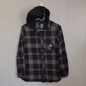 Lurking Class Women's Hooded Flannel Shirt Small Black Checker Plaid Long Sleeve